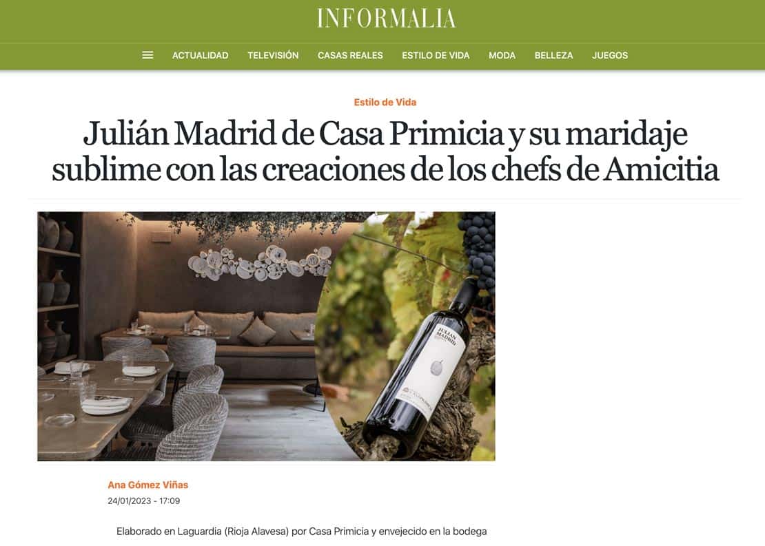 Maridaje del vino Julián Madrid de Casa Primicia con las creaciones de los chefs de Amicitia